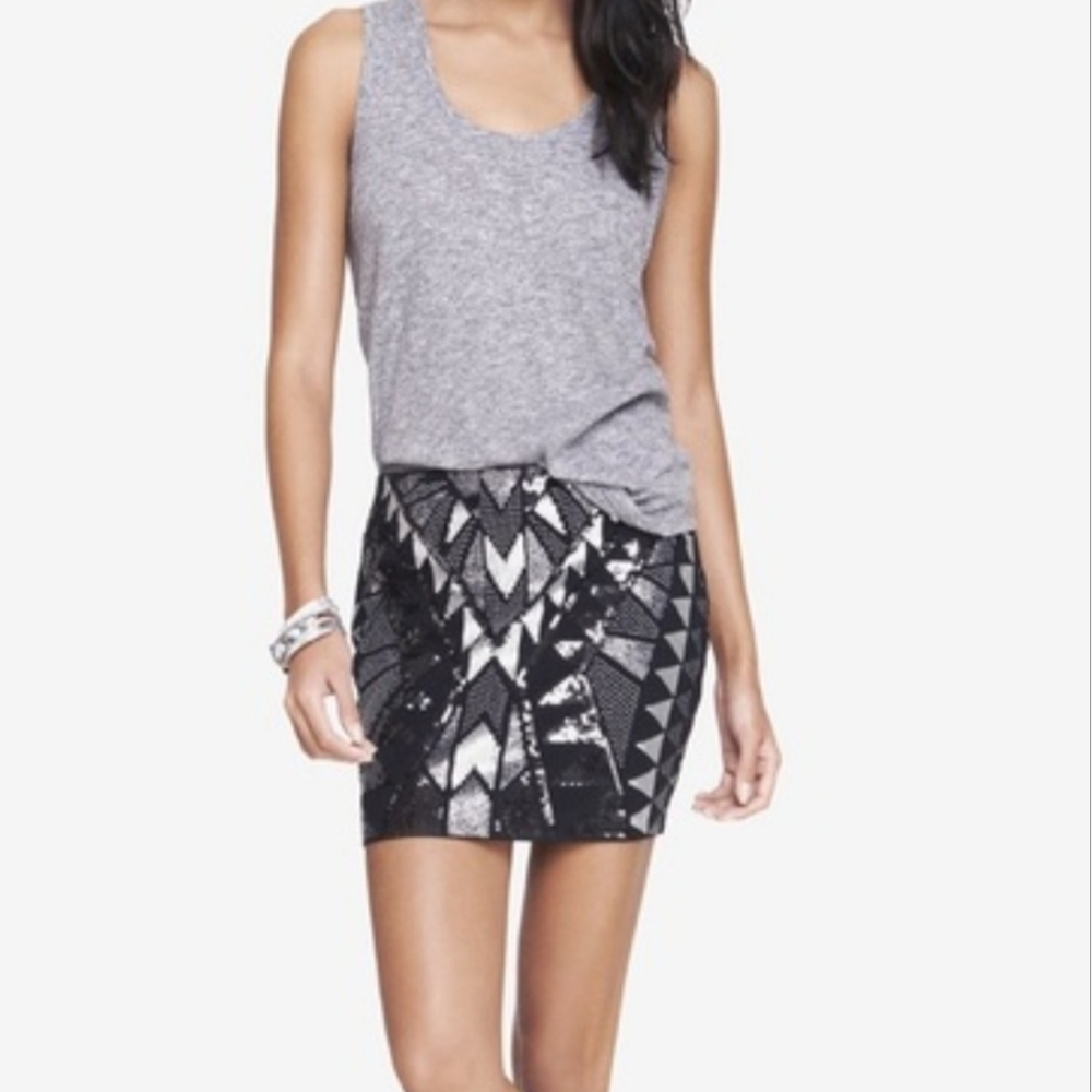 Express, Black & Silver Sequined, Lined Mini Skirt, Gray/Silver Beading, Size M